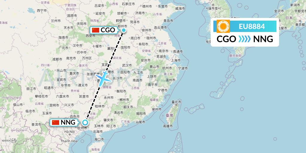 EU8884 Chengdu Airlines Flight Map: Zhengzhou to Nanning