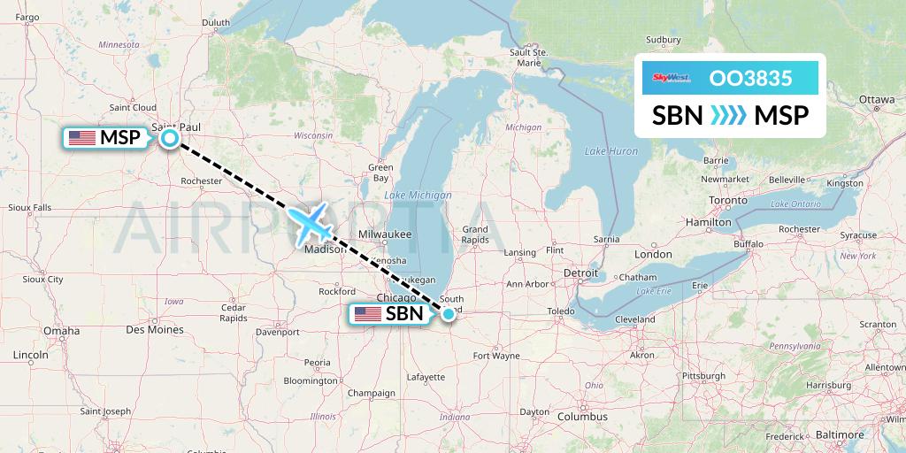 OO3835 SkyWest Airlines Flight Map: South Bend to Minneapolis