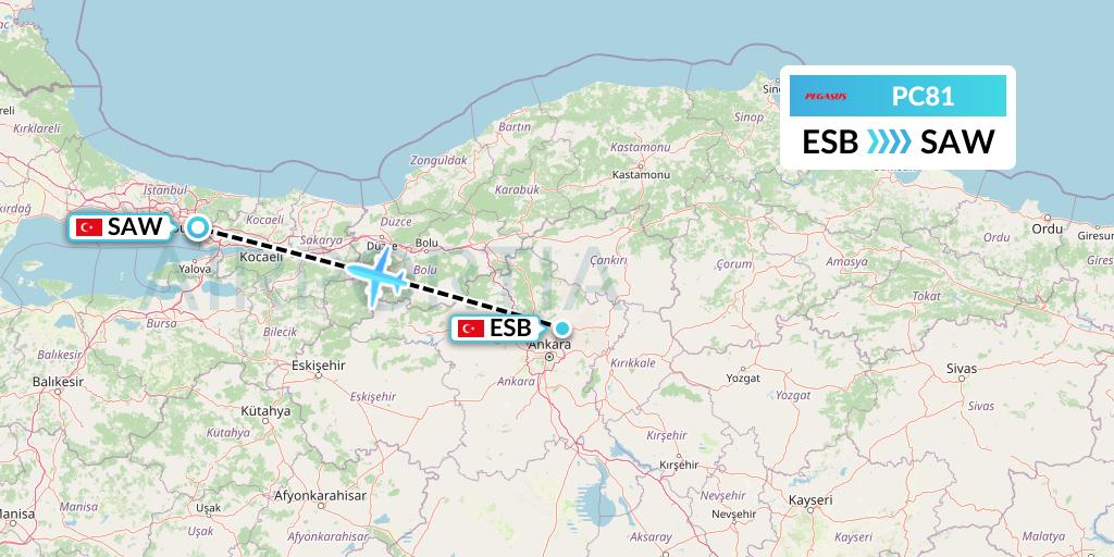 PC81 Pegasus Airlines Flight Map: Ankara to Istanbul