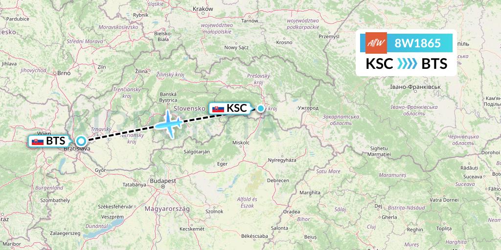 8W1865 Fly AllWays Flight Map: Kosice to Bratislava