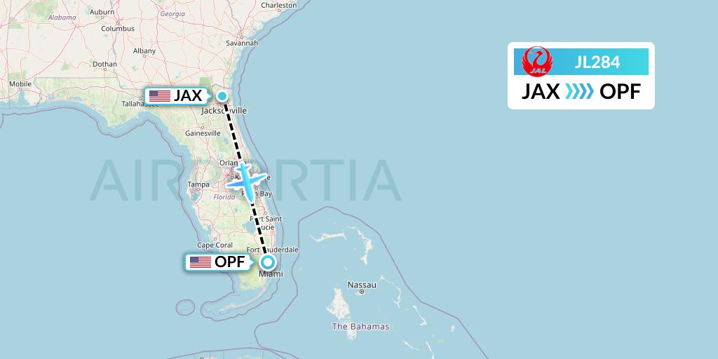 JL284 Japan Airlines Flight Map: Jacksonville to Miami