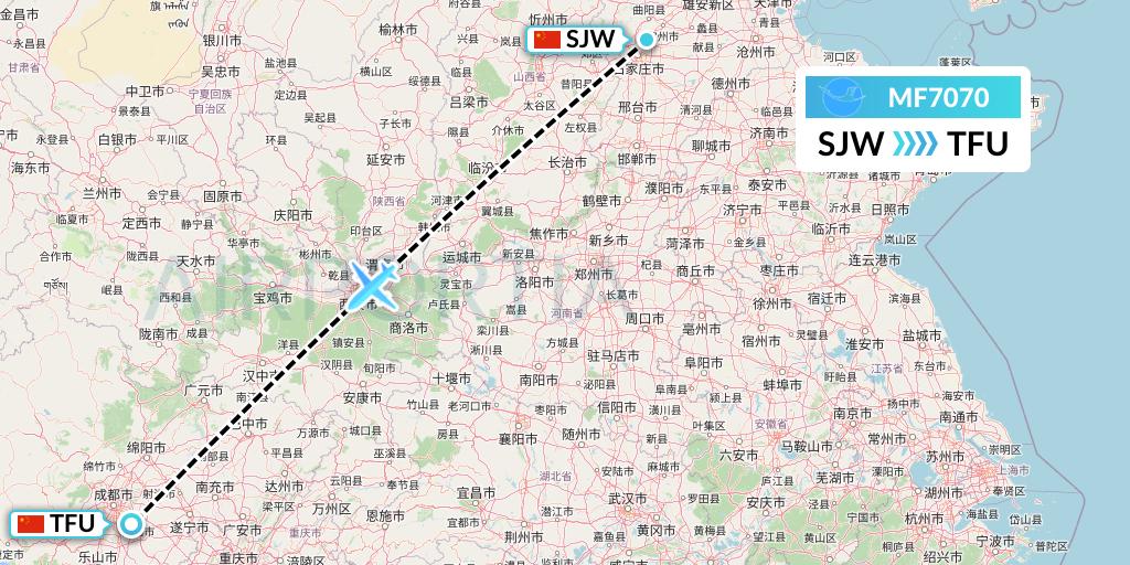 MF7070 Xiamen Airlines Flight Map: Shijiazhuang to Chengdu