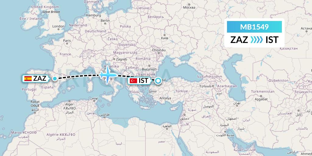 MB1549 MNG Airlines Flight Map: Zaragoza to Istanbul