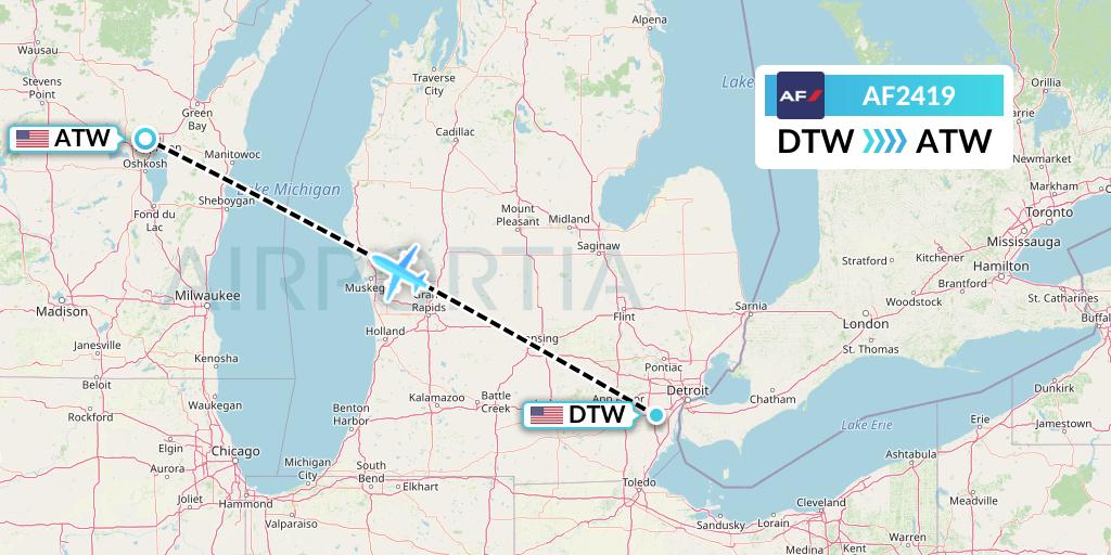 AF2419 Air France Flight Map: Detroit to Appleton