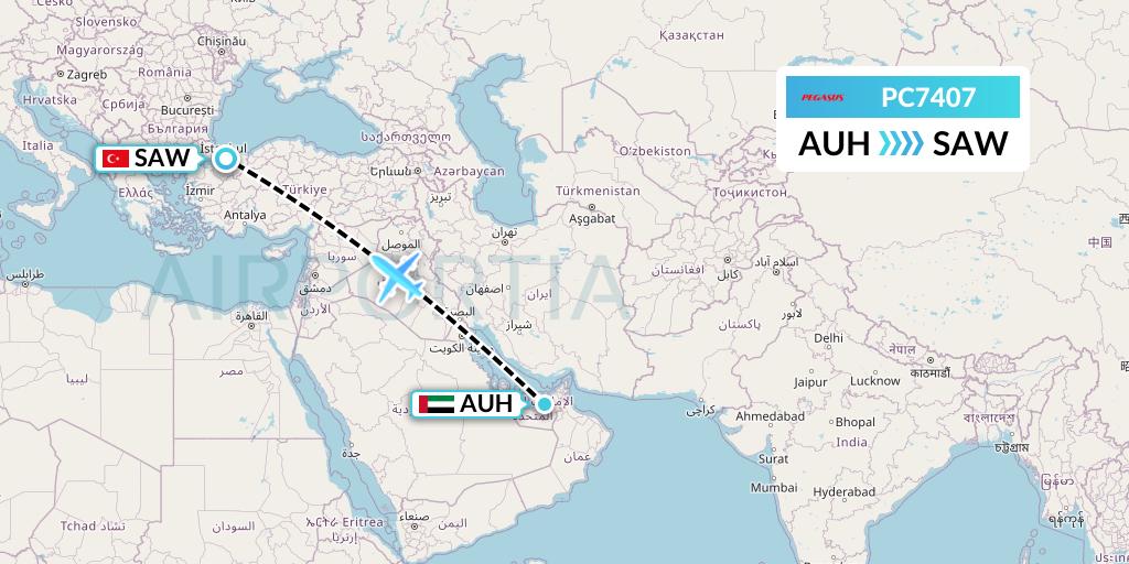 PC7407 Pegasus Airlines Flight Map: Abu Dhabi to Istanbul