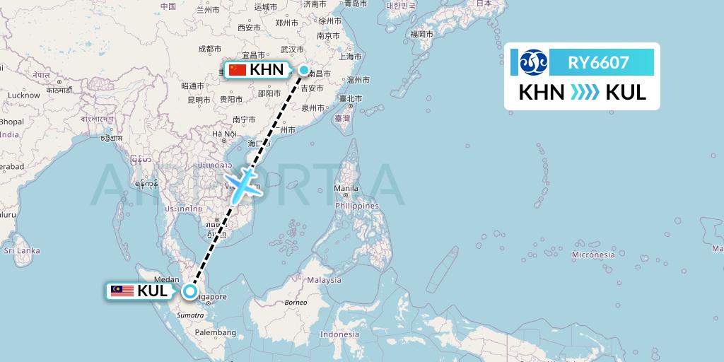 RY6607 Jiangxi Air Flight Map: Nanchang to Kuala Lumpur