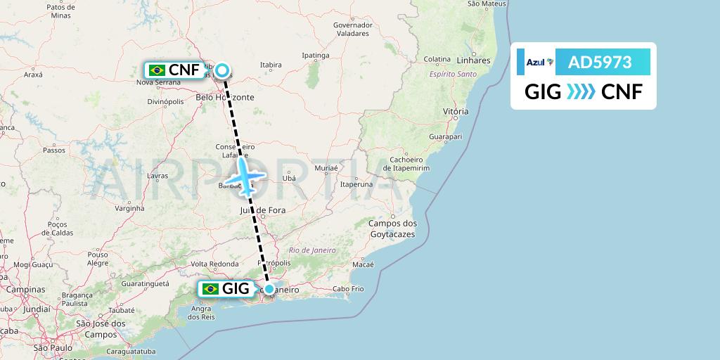AD5973 Azul Brazilian Airlines Flight Map: Rio de Janeiro to Belo Horizonte