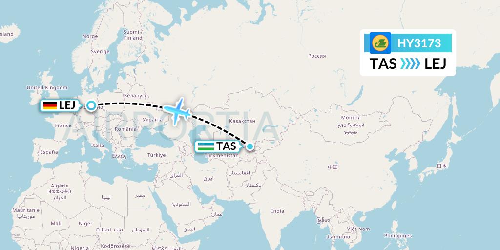 HY3173 Uzbekistan Airways Flight Map: Tashkent to Leipzig