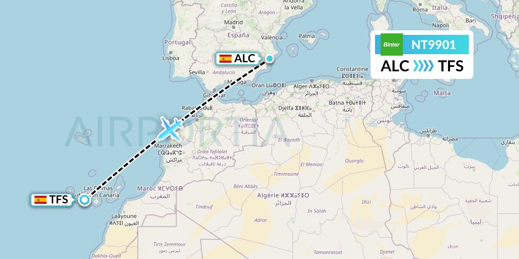 NT9901 Binter Canarias Flight Map: Alicante to Tenerife