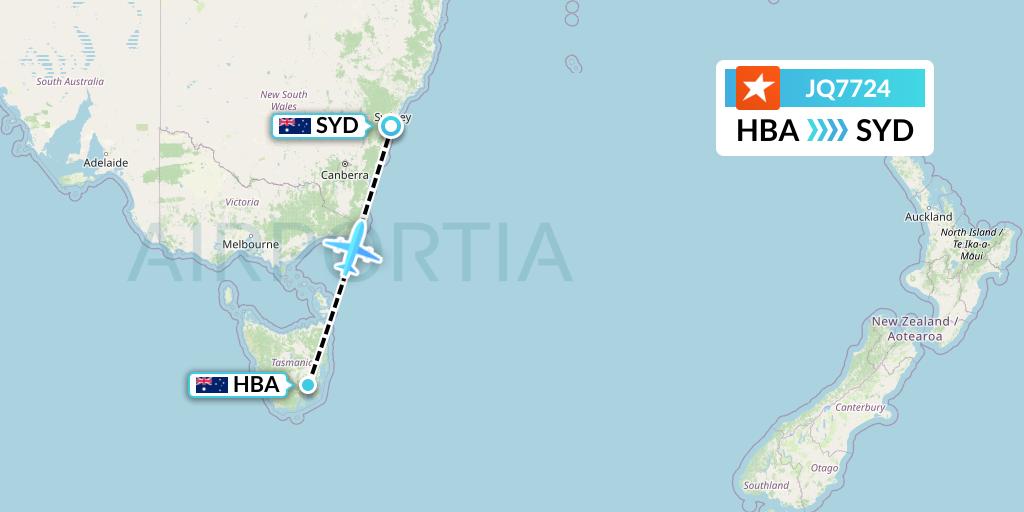 JQ7724 Jetstar Airways Flight Map: Hobart to Sydney