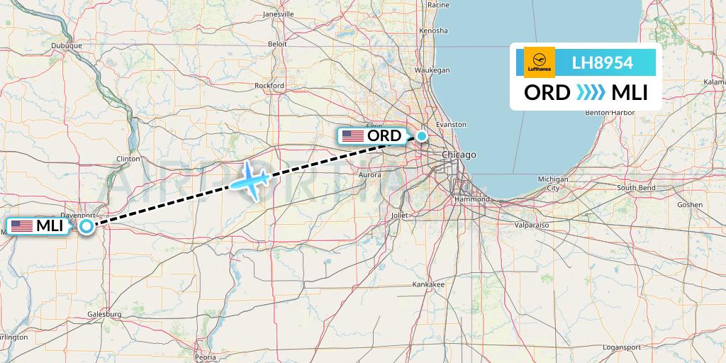 LH8954 Lufthansa Flight Map: Chicago to Moline