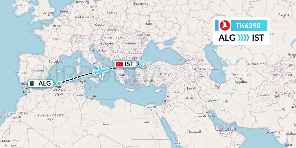 TK6398 Turkish Airlines Flight Map: Algiers to Istanbul