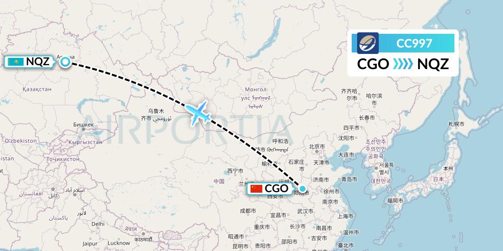 CC997 CM Airlines Flight Map: Zhengzhou to Astana