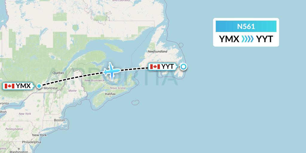 N561 Nolinor Aviation Flight Map: Montreal to St. John's