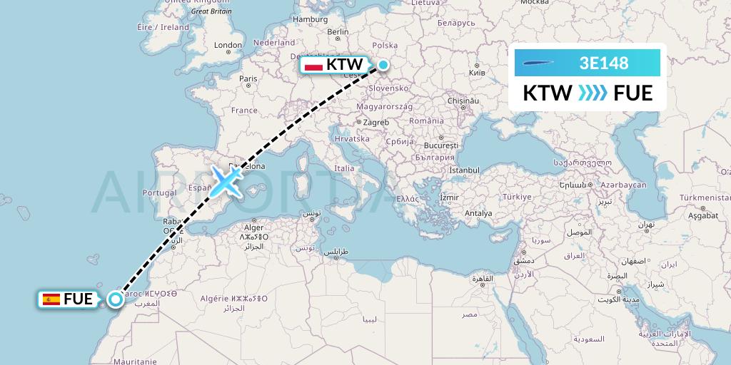 3E148 Air Choice One Flight Map: Katowice to Fuerteventura