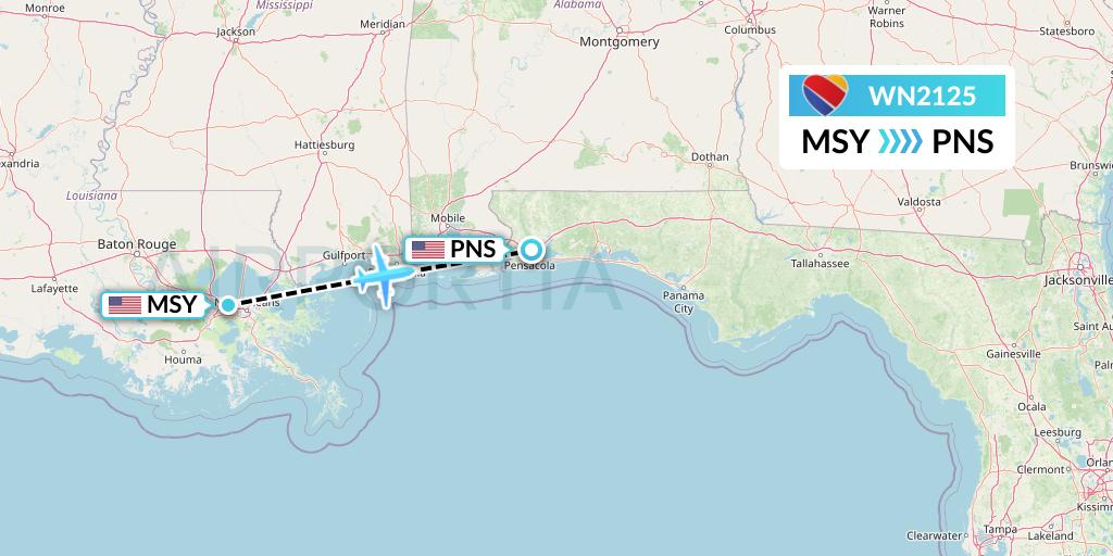 WN2125 Southwest Airlines Flight Map: New Orleans to Pensacola