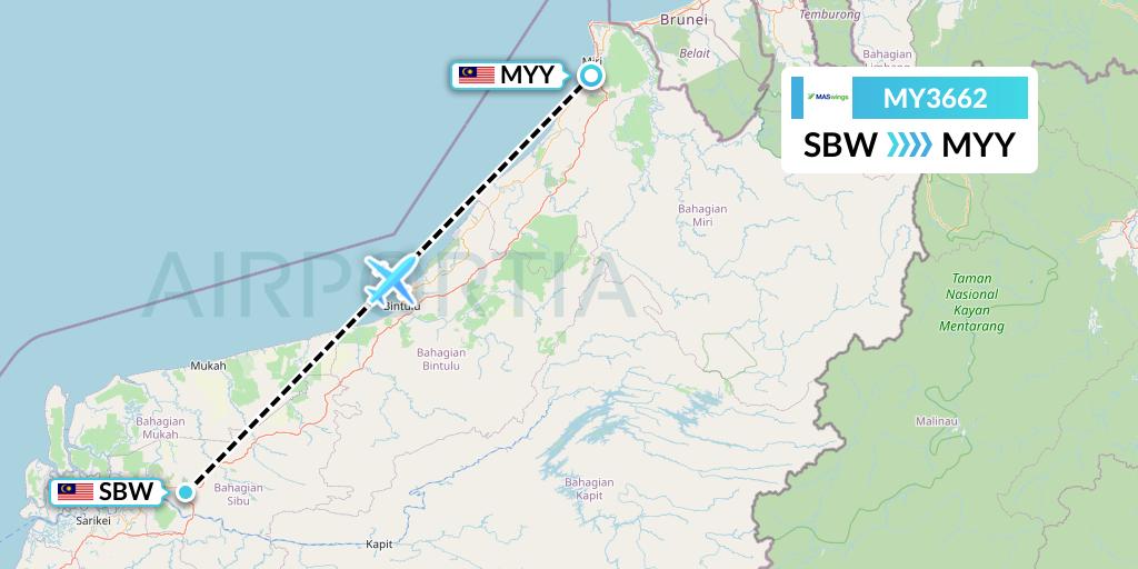 MY3662 MASwings Flight Map: Sibu to Miri