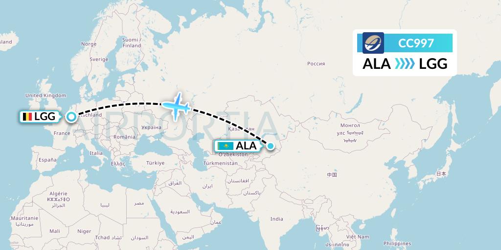 CC997 CM Airlines Flight Map: Almaty to Liege