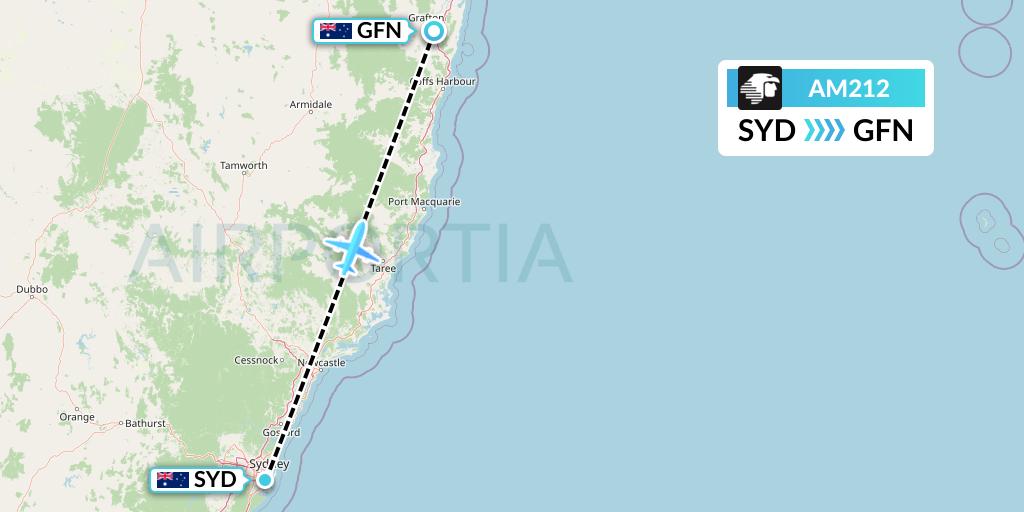 AM212 Aeromexico Flight Map: Sydney to Grafton