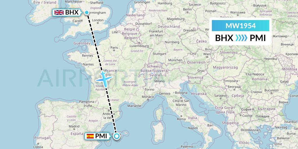 MW1954 Mokulele Flight Service Flight Map: Birmingham to Palma de Mallorca