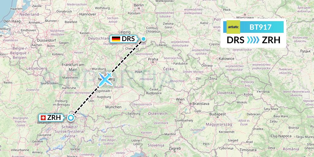 BT917 Air Baltic Flight Map: Dresden to Zurich