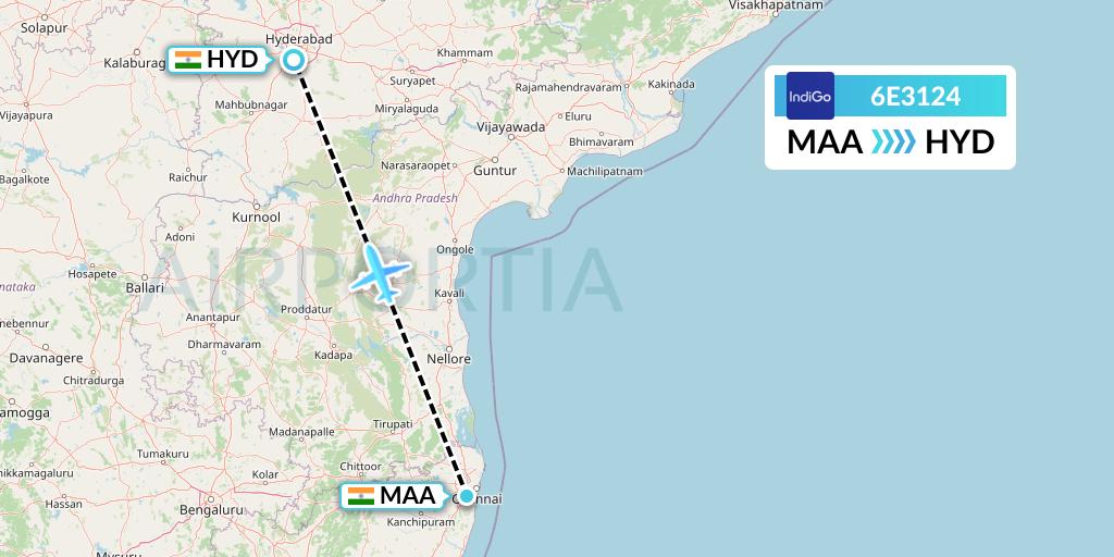 6E3124 IndiGo Airlines Flight Map: Chennai to Hyderabad
