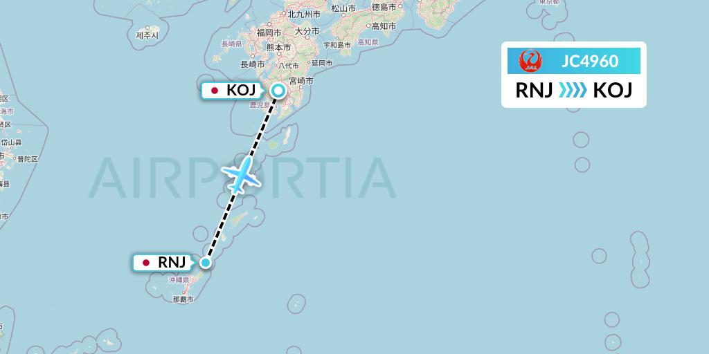 JC4960 Japan Air Commuter Flight Map: Yoronjima to Kagoshima
