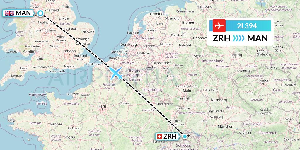 2L394 Helvetic Airways Flight Map: Zurich to Manchester