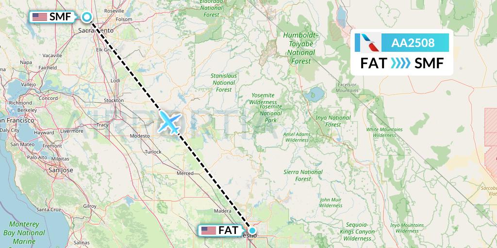AA2508 American Airlines Flight Map: Fresno to Sacramento