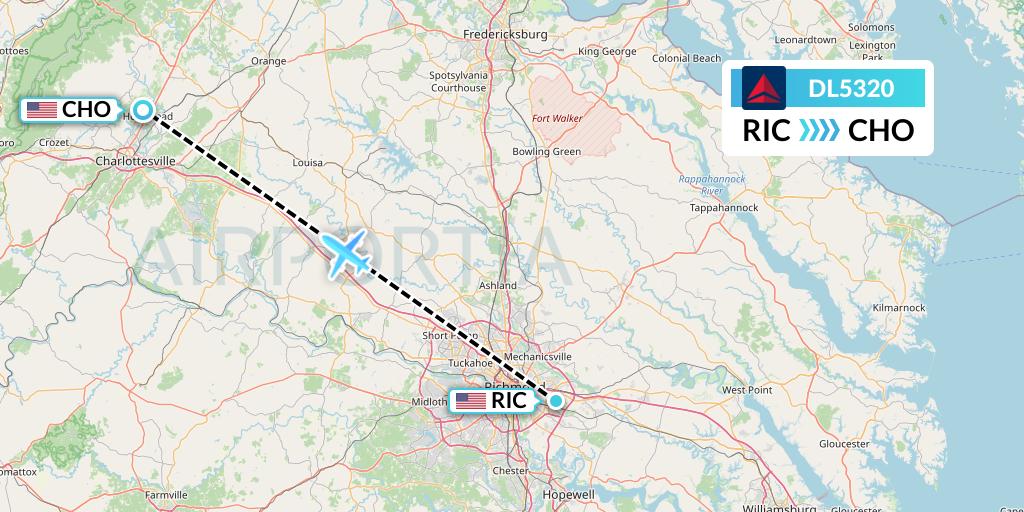 DL5320 Delta Air Lines Flight Map: Richmond to Charlottesville