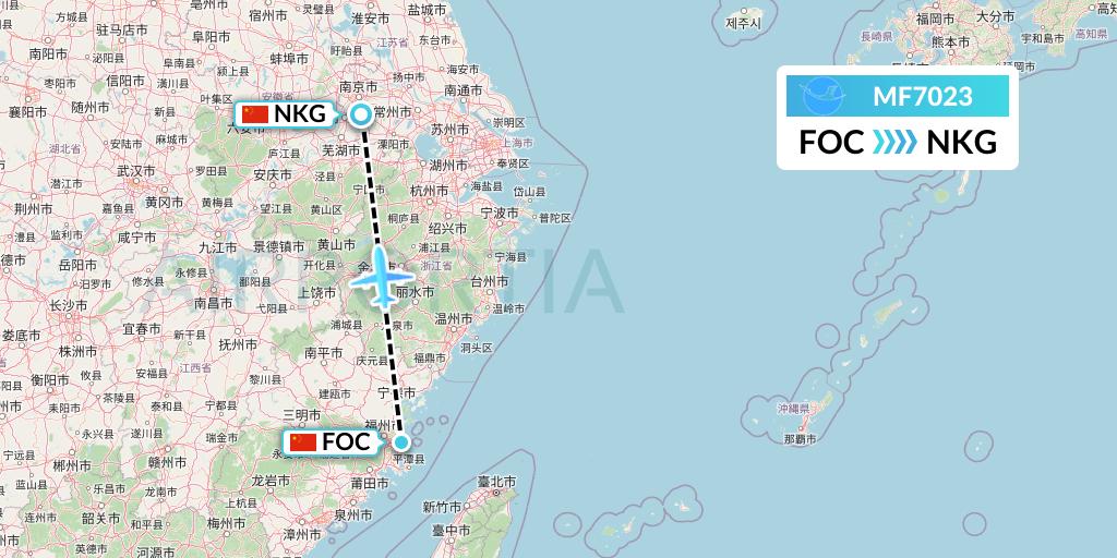 MF7023 Xiamen Airlines Flight Map: Fuzhou to Nanjing