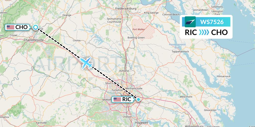 WS7526 WestJet Flight Map: Richmond to Charlottesville