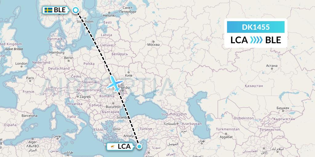 DK1455 Thomas Cook Airlines Scandinavia Flight Map: Larnaca to Borlange