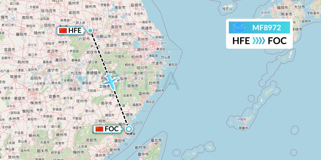 MF8972 Xiamen Airlines Flight Map: Hefei to Fuzhou