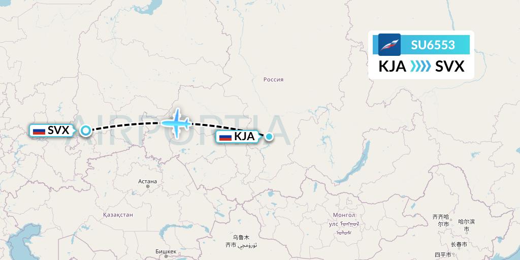 SU6553 Aeroflot Flight Map: Krasnoyarsk to Yekaterinburg