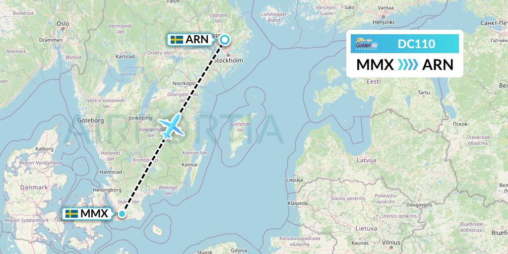DC110 Braathens Regional Flight Map: Malmo to Stockholm