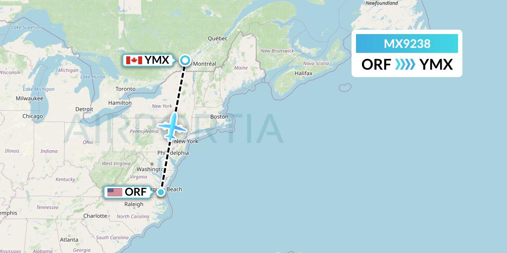 MX9238 Breeze Airways Flight Map: Norfolk to Montreal