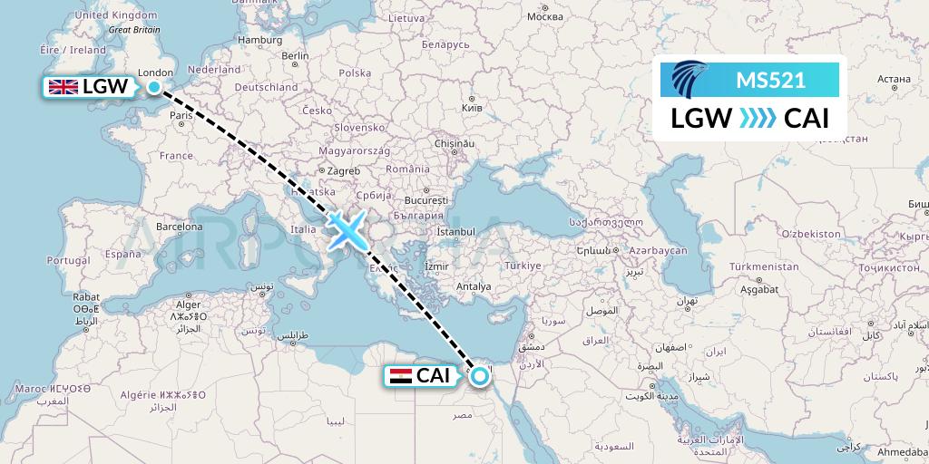 MS521 EgyptAir Flight Map: London to Cairo