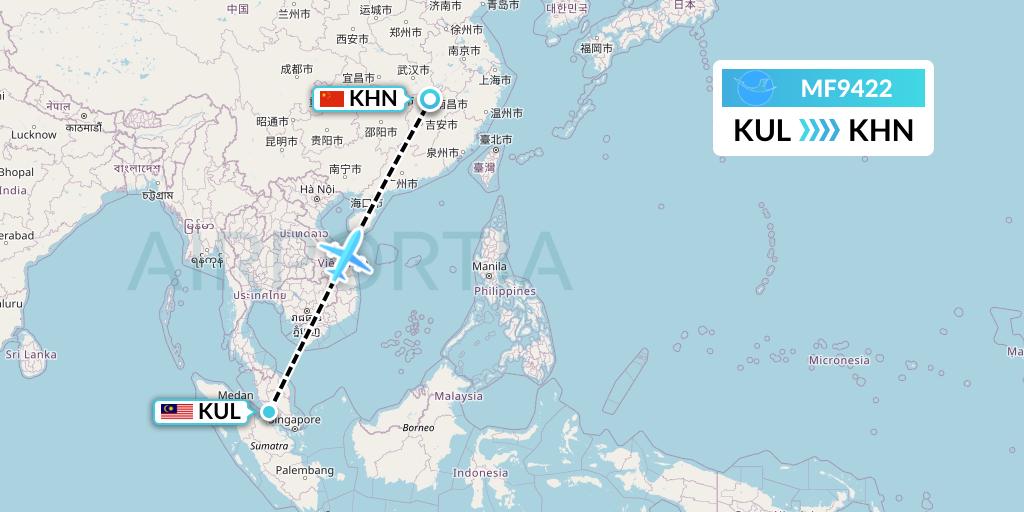 MF9422 Xiamen Airlines Flight Map: Kuala Lumpur to Nanchang