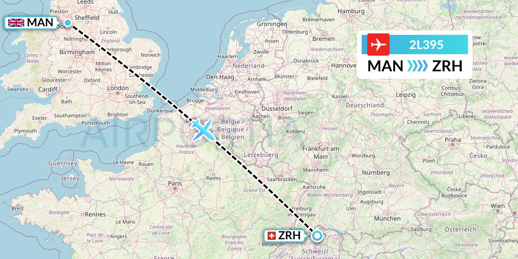 2L395 Helvetic Airways Flight Map: Manchester to Zurich