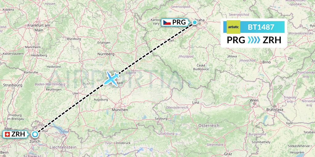 BT1487 Air Baltic Flight Map: Prague to Zurich