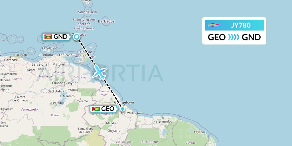 JY780 InterCaribbean Airways Flight Map: Georgetown to Point Salines