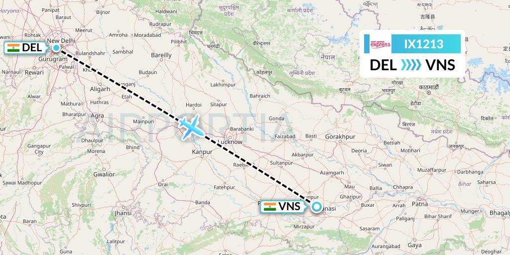 IX1213 Air India Express Flight Map: Delhi to Varanasi