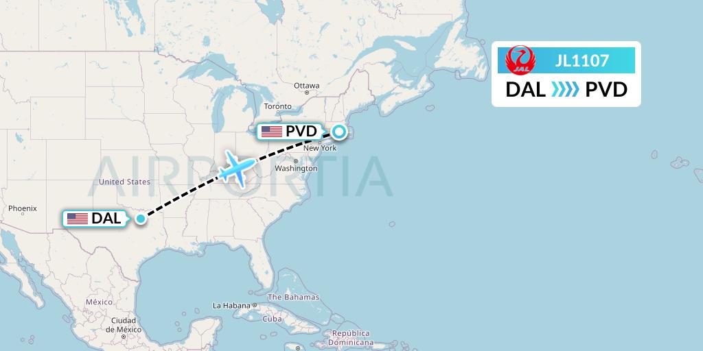 JL1107 Japan Airlines Flight Map: Dallas to Providence