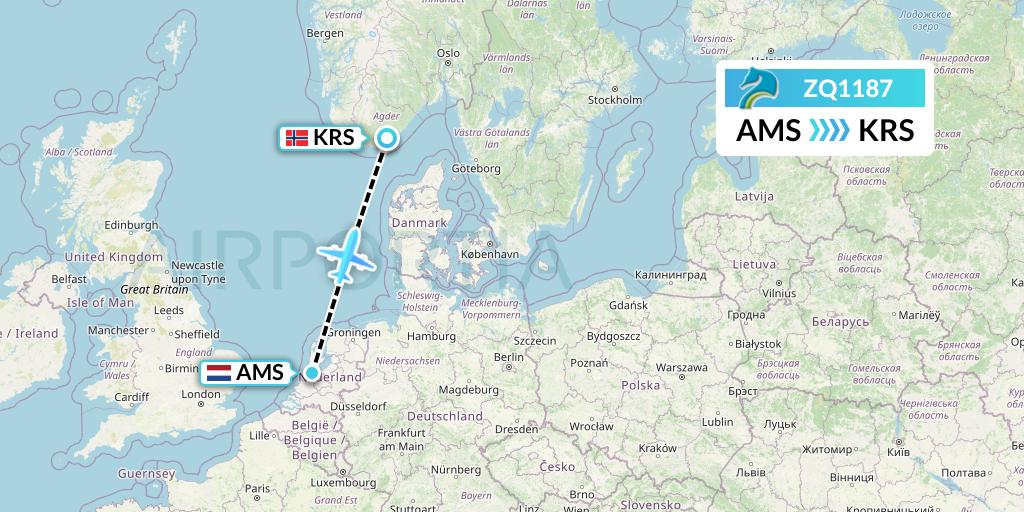 ZQ1187 Azman Air Flight Map: Amsterdam to Kristiansand