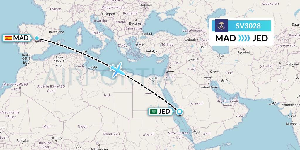 SV3028 Saudi Arabian Airlines Flight Map: Madrid to Jeddah