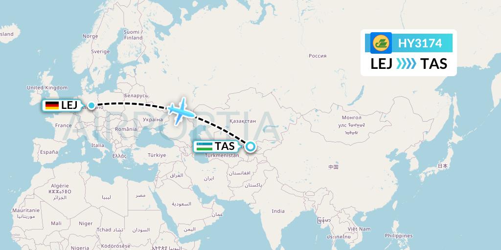 HY3174 Uzbekistan Airways Flight Map: Leipzig to Tashkent
