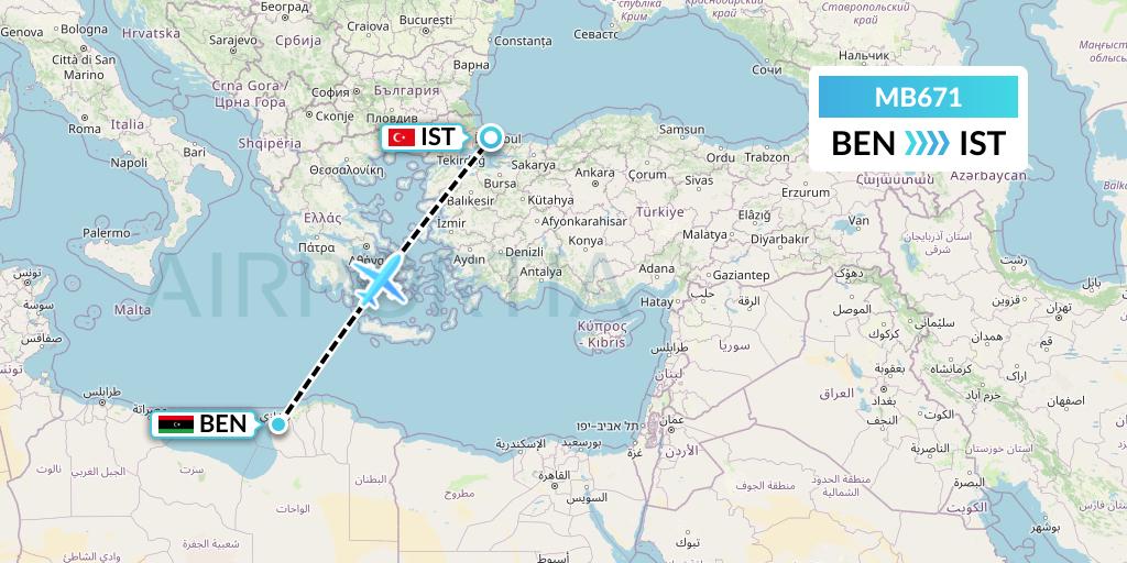 MB671 MNG Airlines Flight Map: Benghazi to Istanbul