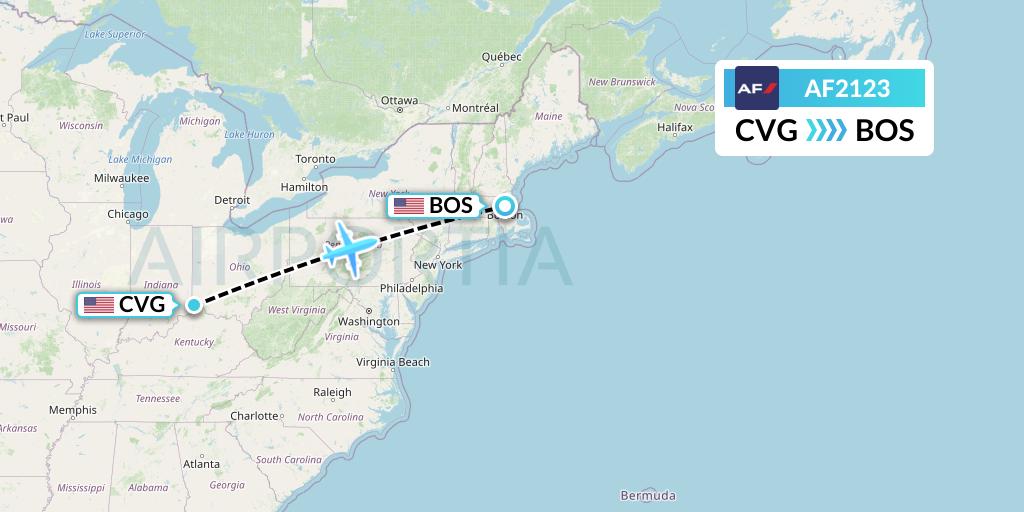 AF2123 Air France Flight Map: Cincinnati to Boston