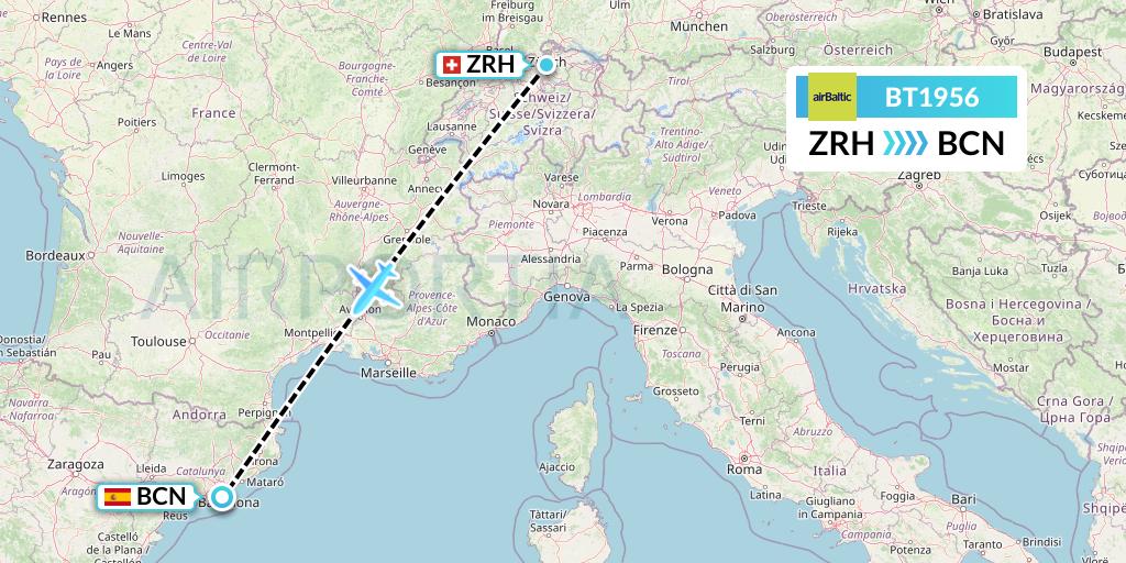 BT1956 Air Baltic Flight Map: Zurich to Barcelona